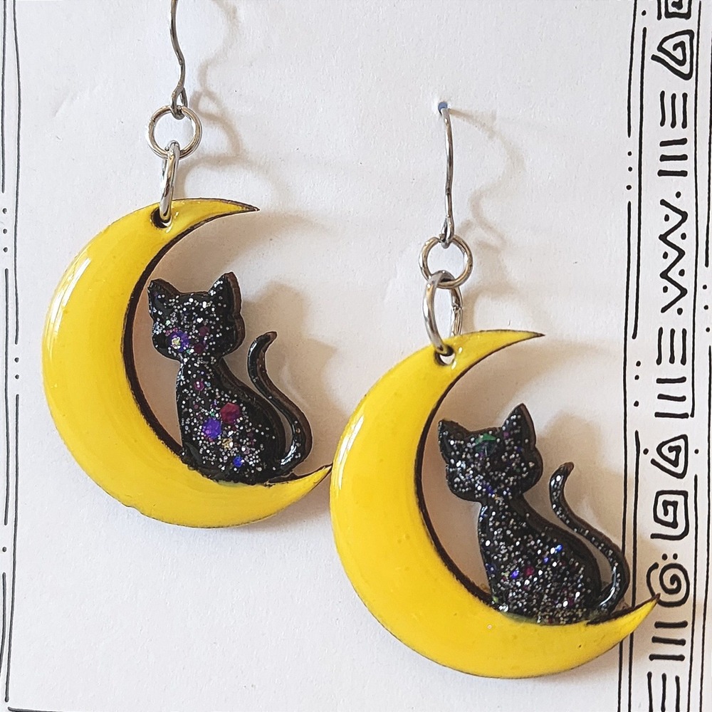 Handmade Cat Moon Resin Earrings Yellow Black Glitter Celestial Drop Halloween